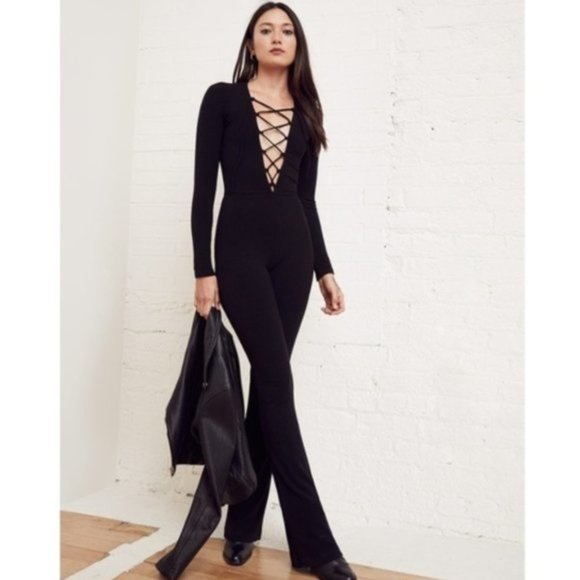 Reformation Chrissi Jumpsuit / Size 2 / Black Lace-Up Fitted Ribbed - Picture 1 of 10
